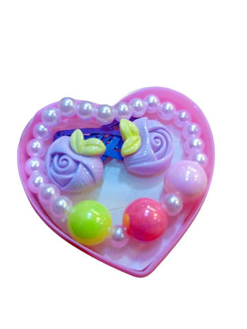 Kids Heart-Shaped Hair Accessory Box with Beads Bracelet - Gift Set