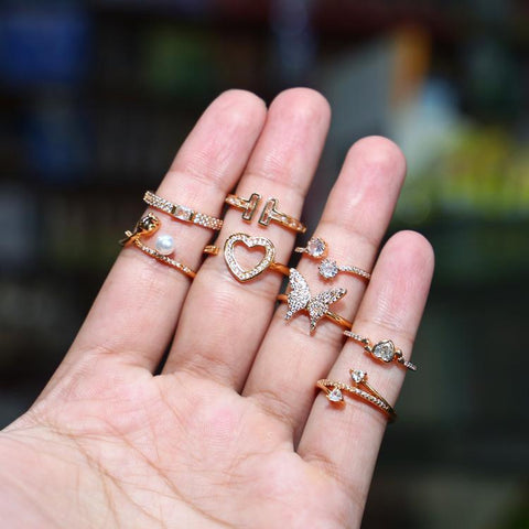 Gold-Plated Crystal Adjustable Rings Set — 8-Piece Women's Stackable Rings