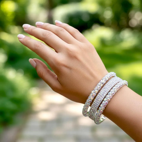 6-Piece Silver-Plated Crystal Kara Bangles - Funky Women's Set