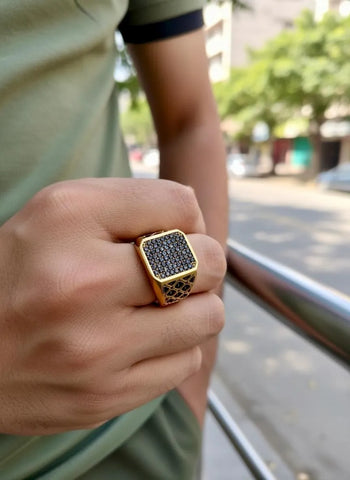 Turkish Design Men's Crystal Ring - Golden Resin-Polish Steel