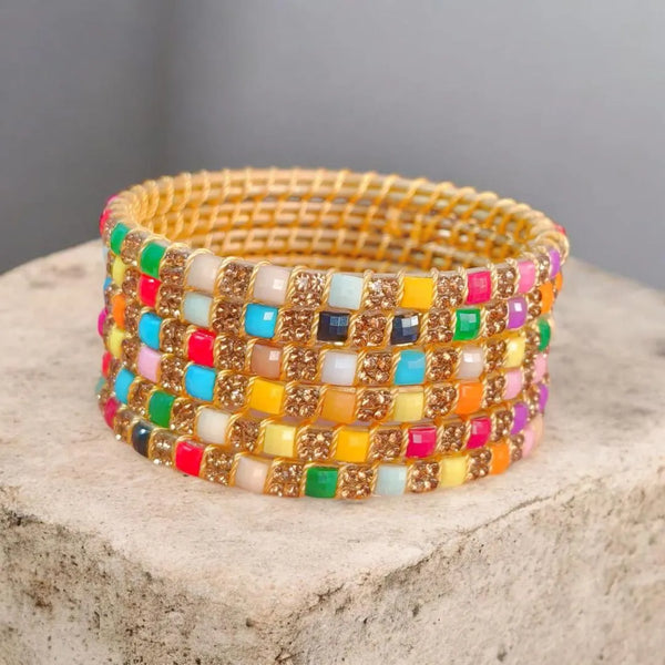 6-Piece Multicolor Crystal Kara Bangle Set — Funky Alloy Bangles