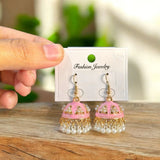 Funky Gold-Plated Crystal Jhumka Earrings — Pink, Blue & Red (Pair)