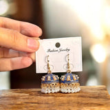 Funky Gold-Plated Crystal Jhumka Earrings — Pink, Blue & Red (Pair)