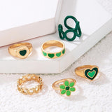 6-Piece Gold-Plated Alloy Ring Set with Green Daisy Accents