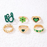 6-Piece Gold-Plated Alloy Ring Set with Green Daisy Accents