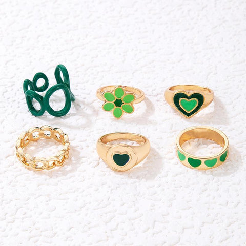 6-Piece Gold-Plated Alloy Ring Set with Green Daisy Accents