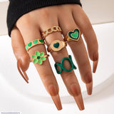 6-Piece Gold-Plated Alloy Ring Set with Green Daisy Accents