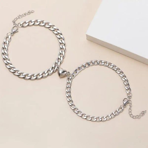 Silver & Gold-Plated Magnetic Heart Couples Bracelet Set - 2pcs