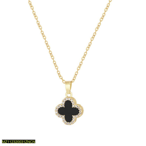 Black Four-Leaf Clover Pendant Necklace — Gold Plated Alloy