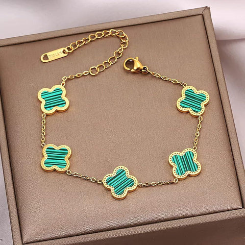 Gold-Plated Clover Chain Bracelet — Green Stainless Steel Women