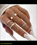 10-Piece Silver-Plated Alloy Ring Set - Western & Korean Styles