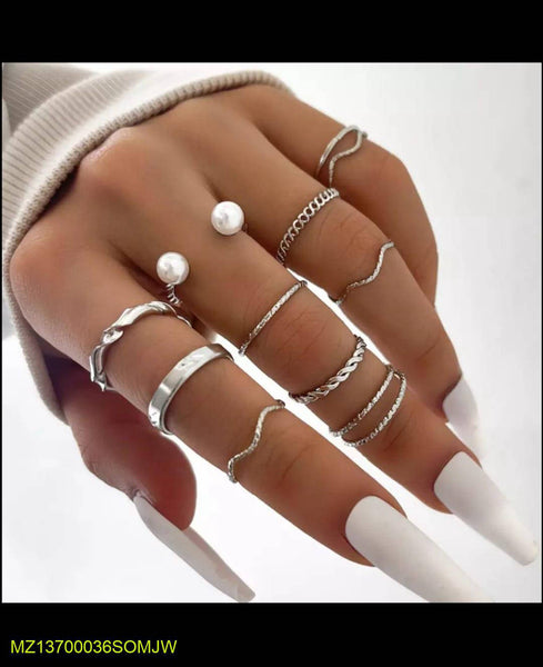 10-Piece Silver-Plated Alloy Ring Set - Western & Korean Styles