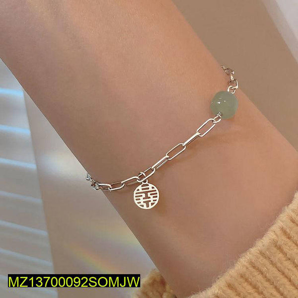 Silver-Plated Lucky Jade Charm Adjustable Bracelet – Elegant Alloy Chain