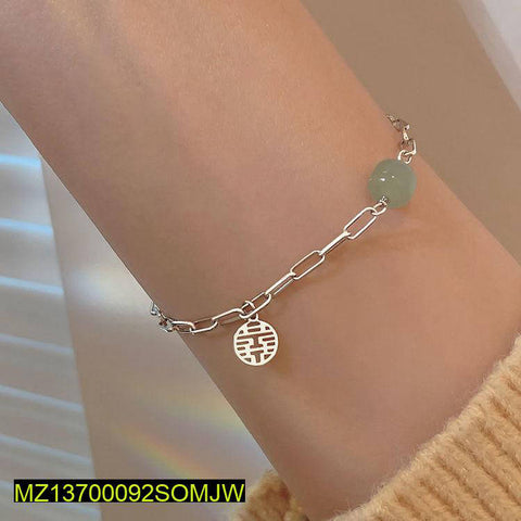 Silver-Plated Lucky Jade Charm Adjustable Bracelet – Elegant Alloy Chain