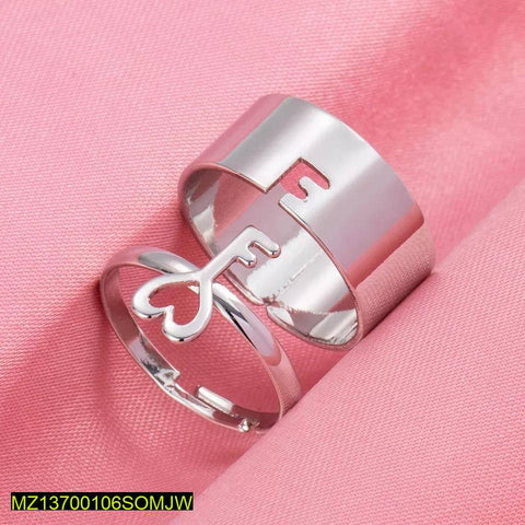 2-Piece Trendy Lock & Key Adjustable Silver-Plated Rings