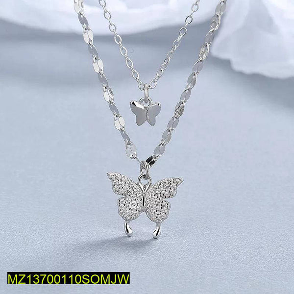 Silver-Plated Double-Layered Butterfly Pendant Necklace - Adjustable
