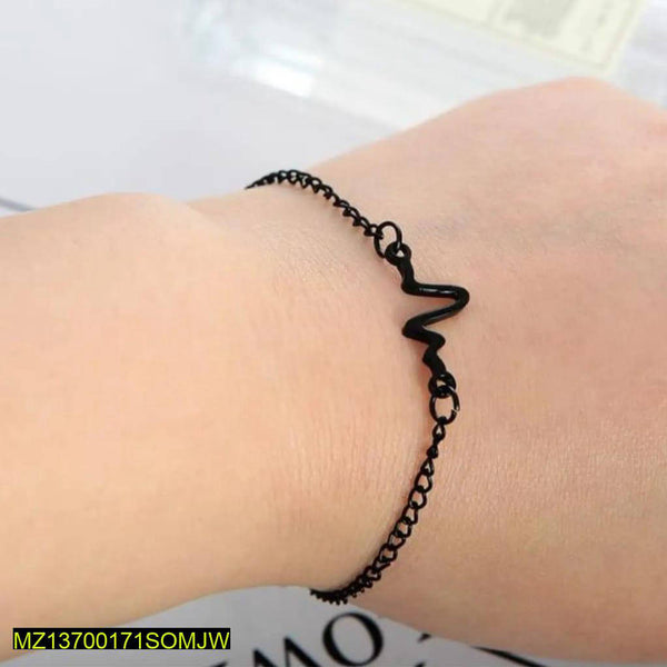 Black Plated Heartbeat Bracelet - Adjustable Unisex Alloy Jewelry