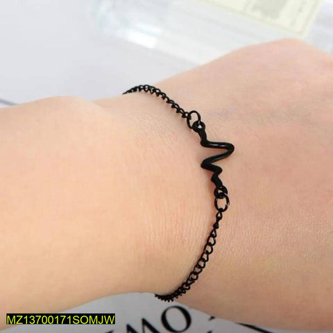 Black Plated Heartbeat Bracelet - Adjustable Unisex Alloy Jewelry