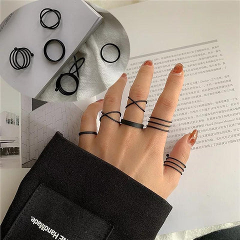 Hip-Hop Black Plain Ring Set — Pack of 6 Alloy Fashion Rings
