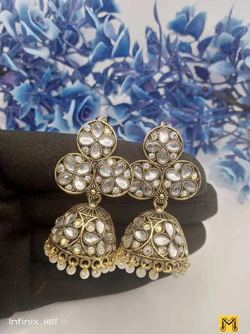 2-Layered Gold-Plated Gemstone Jhumka Earrings — Premium