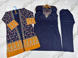 Elegant Blue Cotton Embroidered 3 Pcs Women's Gown Suit