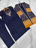 Elegant Blue Cotton Embroidered 3 Pcs Women's Gown Suit