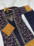Elegant Blue Cotton Embroidered 3 Pcs Women's Gown Suit