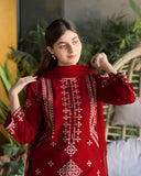 Elegant Maroon Cotton Sequins Embroidered 3 Piece Suit for Women