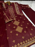 Elegant Maroon Cotton Sequins Embroidered 3 Piece Suit for Women