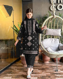 Elegant Black Cotton Sequins Embroidered 3 Piece Suit for Women