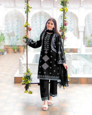 Elegant Black Cotton Sequins Embroidered 3 Piece Suit for Women