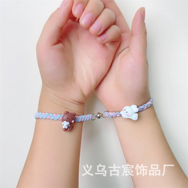 Cartoon Hug Bear Magnetic Couple Bracelets - 2-Pc Adjustable Set