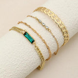 Gold-Plated Green Crystal Charm Bracelet Set - 4-Piece Adjustable