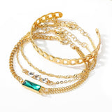 Gold-Plated Green Crystal Charm Bracelet Set - 4-Piece Adjustable