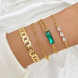 Gold-Plated Green Crystal Charm Bracelet Set - 4-Piece Adjustable