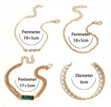 Gold-Plated Green Crystal Charm Bracelet Set - 4-Piece Adjustable