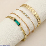 Gold-Plated Green Crystal Charm Bracelet Set - 4-Piece Adjustable