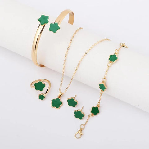 Flower Design Resin Necklace and Bracelet Set - Green Adjustable