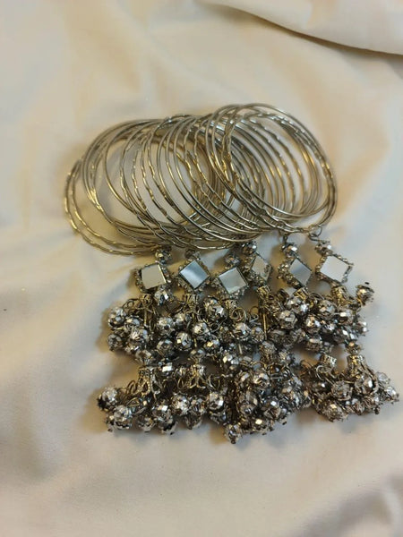 24-Pc Charms Hanging Kara Bangle Set — Silver Nagina
