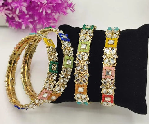 Elegant Kundan Multicolor Kara Bangles Set — 4 Pcs (Sizes 2.45–2.8)