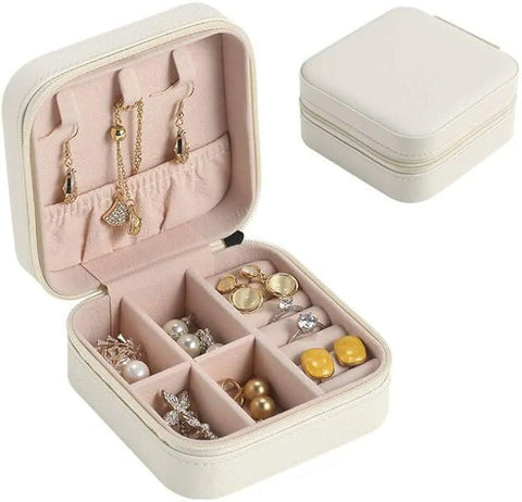 Compact Leather Jewelry Organizer Box with Zipper — Travel Case