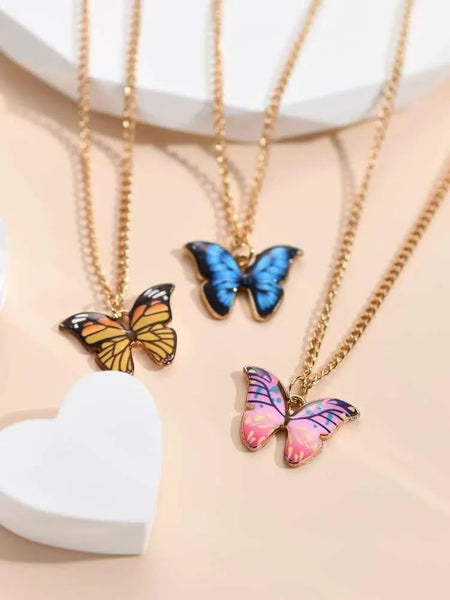 Stunning Butterfly 3-Pc Adjustable Necklace Set - Gold, Blue & Pink