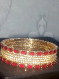Premium Set of 6 Gold-Plated Red & Clear Crystal Bangles for Women