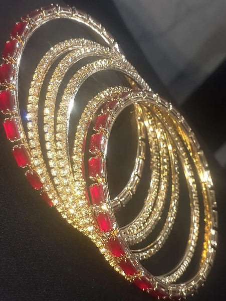 Premium Set of 6 Gold-Plated Red & Clear Crystal Bangles for Women