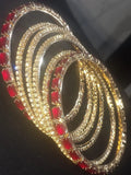 Premium Set of 6 Gold-Plated Red & Clear Crystal Bangles for Women
