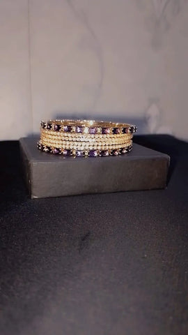 Set of 6 Gold-Plated Bangles with Purple & Clear Crystals