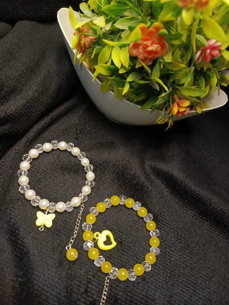 Beaded Crystal & Pearl Charm Bracelets — Butterfly & Heart Set