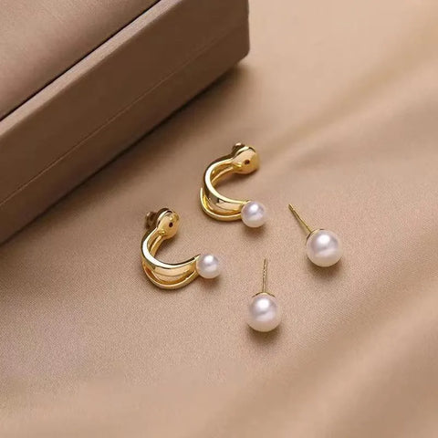 2-in-1 Pearl Korean Earrings — Silver & Gold Alloy Set