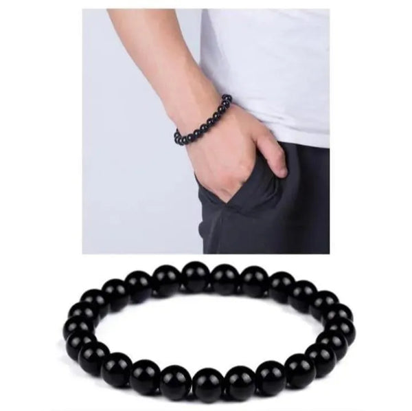 Handmade Black Glass Bead Bracelet for Men — Elegant Beaded Wristwear