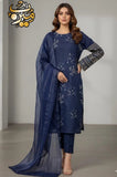 Elegant Blue Cotton Embroidered 3 Piece Women's Suit Set